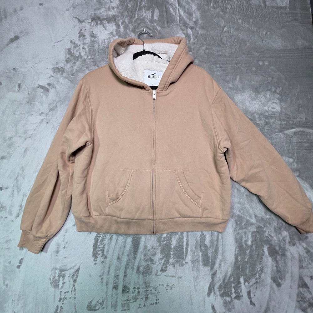 Hollister Sherpa Lined Full Zip Hoodie Tan Beige Fleece Sweatshirt Small